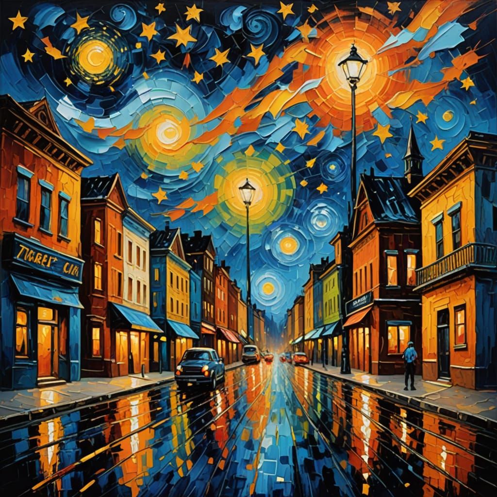 Expressive Oil Painting of Urban Night Alive with Color