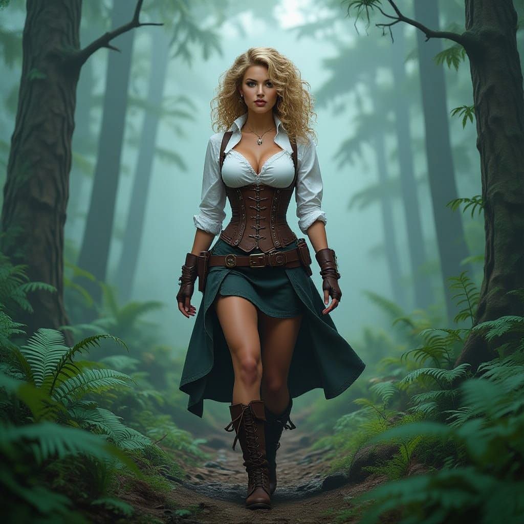 Steampunk Woman Hiking in Misty Forest