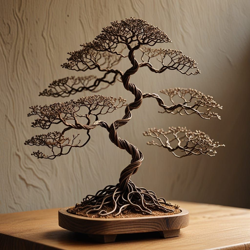 Wire Bonsai Tree Sculpture in Industrial Art Style
