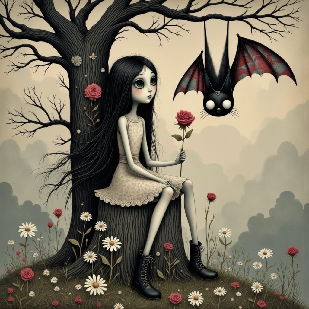 Whimsical Girl with Bat in Surreal Setting