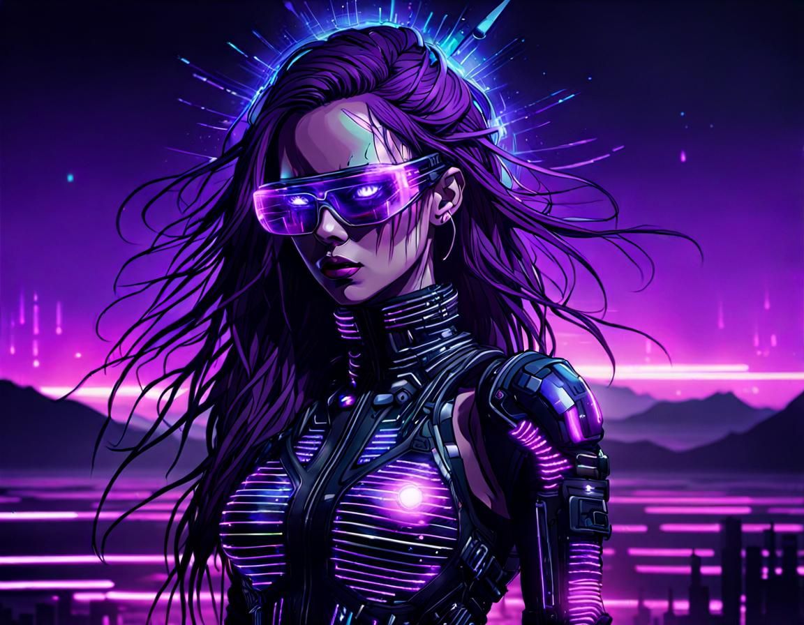 Glitched Android in Cyberpunk Sci-Fi World