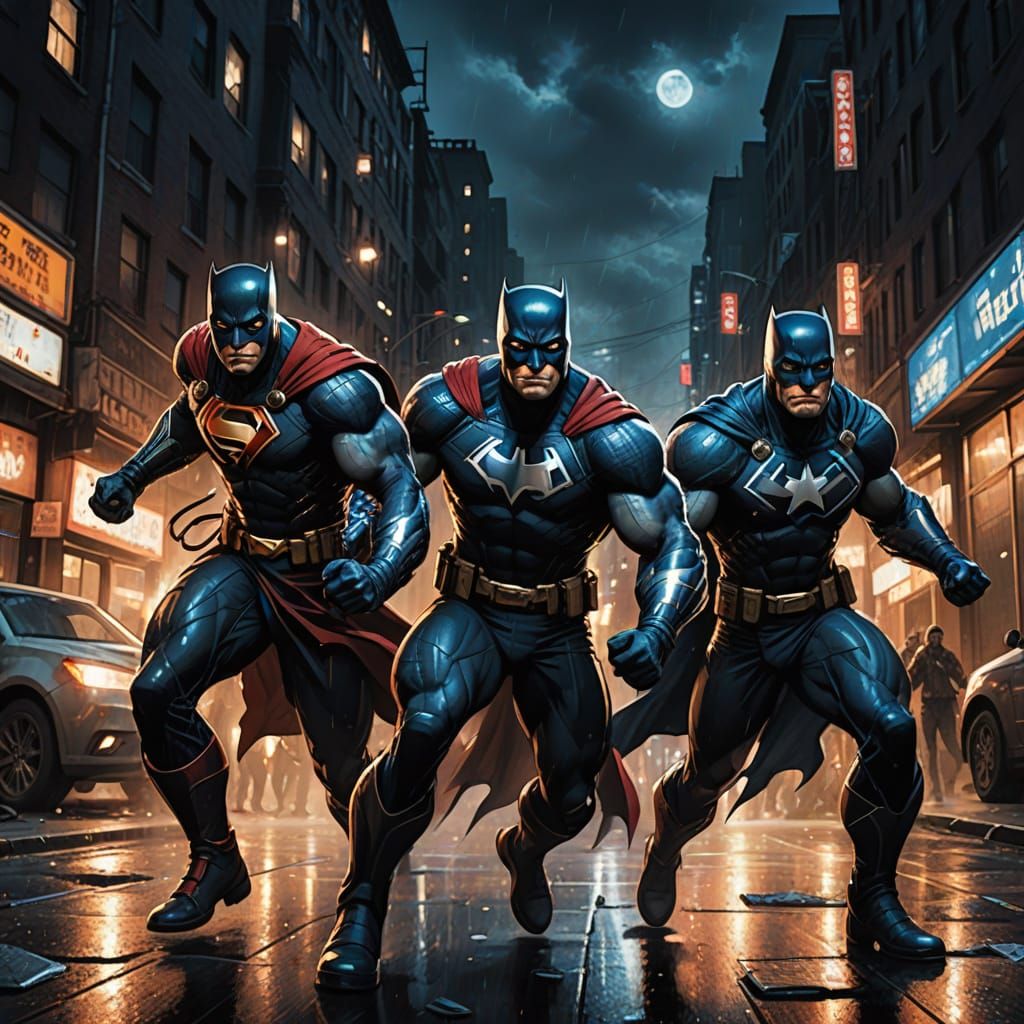 Cartoon, comic book,  three parts, hero fight