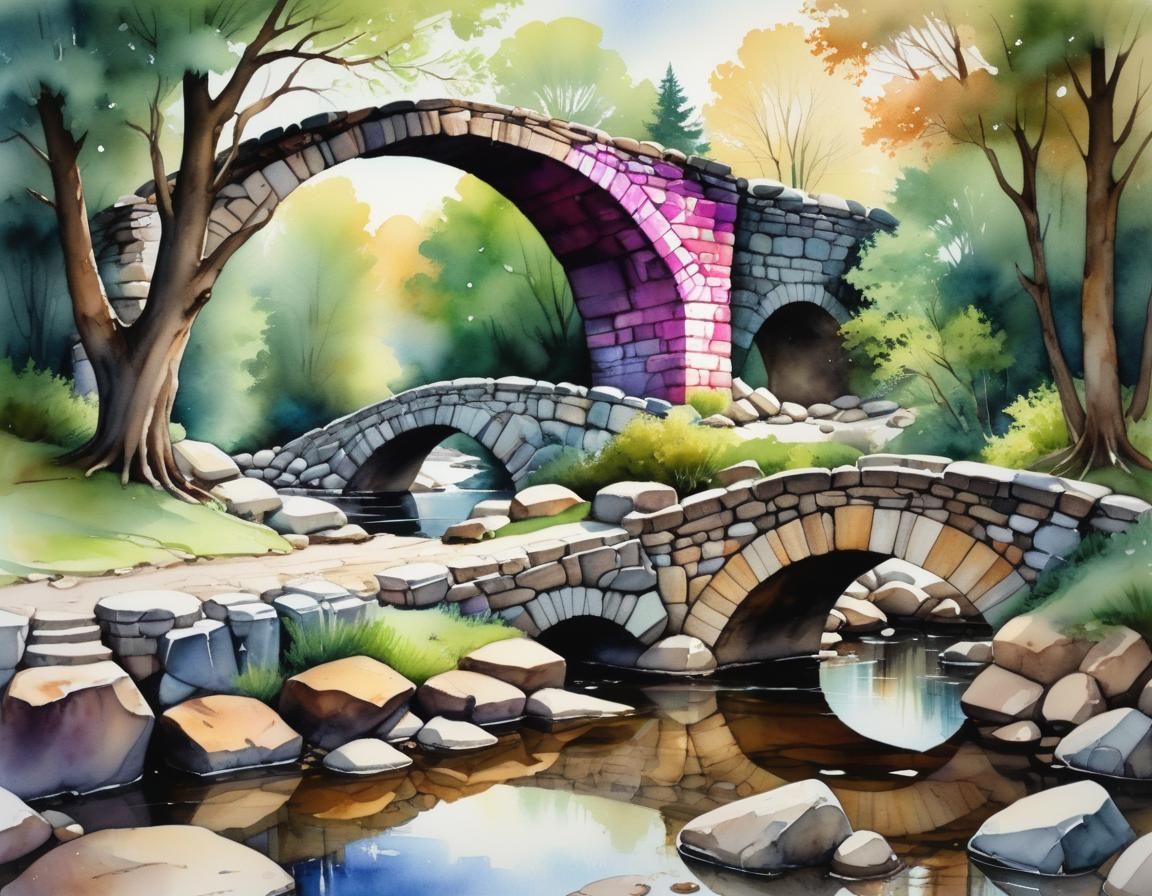 Watercolor Painting of Old Stone Arch Bridge