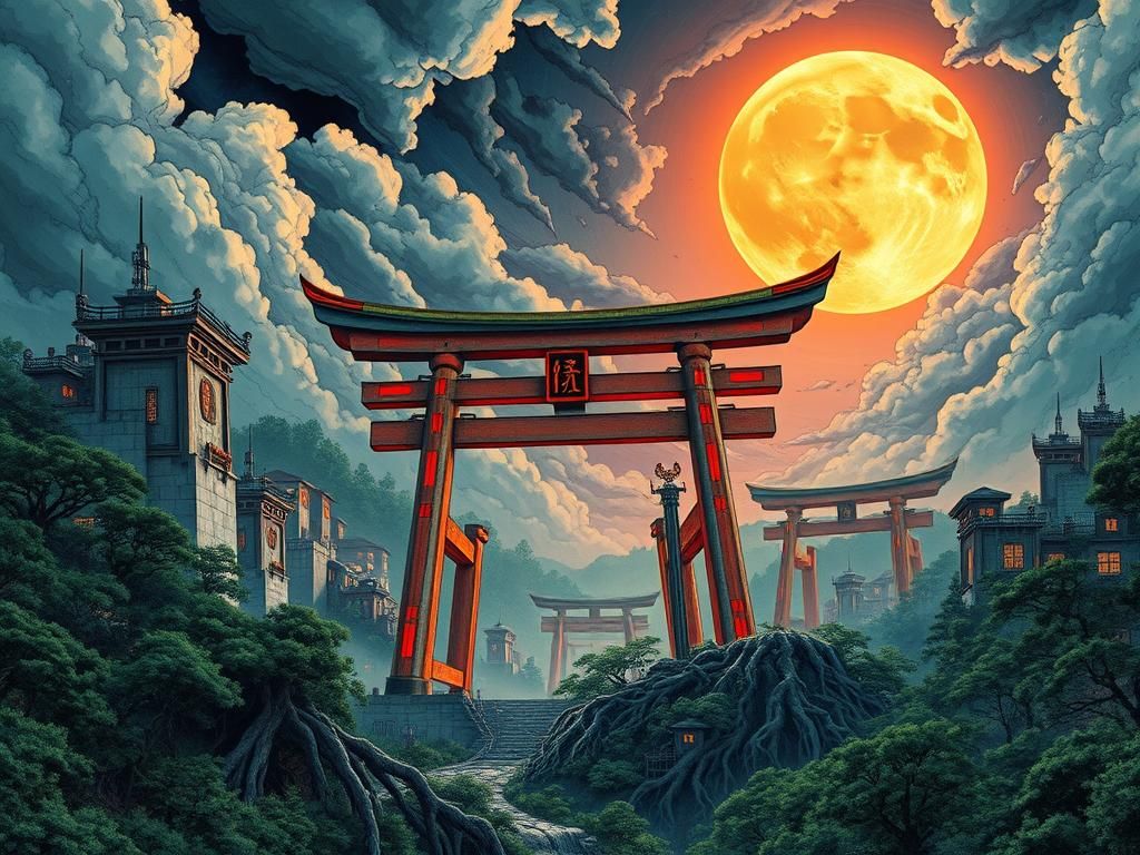 Futuristic Samurai Metropolis with Illuminated Torii Gate