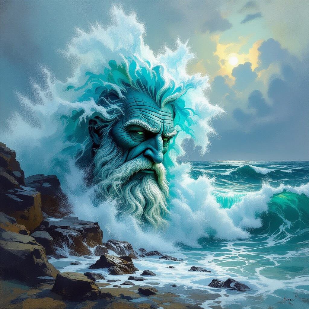 Anthropomorphic Wave Face Crashing on Rocks
