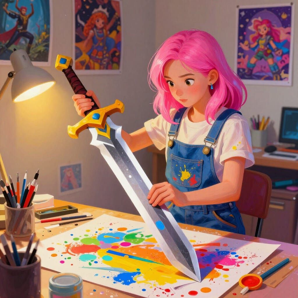 Teen Girl Crafts Giant RPG Sword in Digital Painting Style