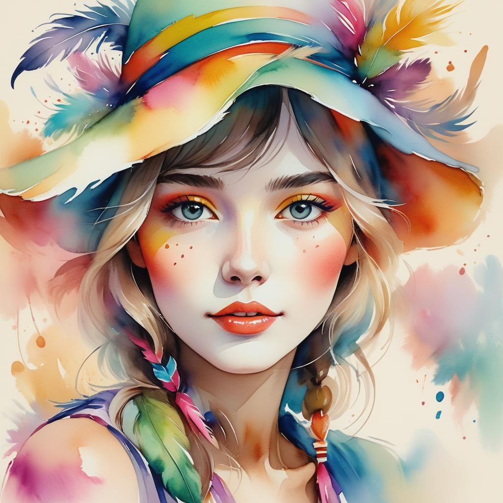 Person in Colorful Hat, Watercolor Illustration
