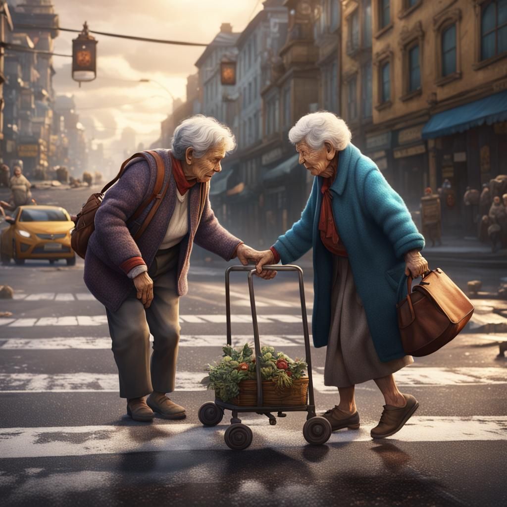Boy Helps Elderly Woman: Detailed Matte Painting