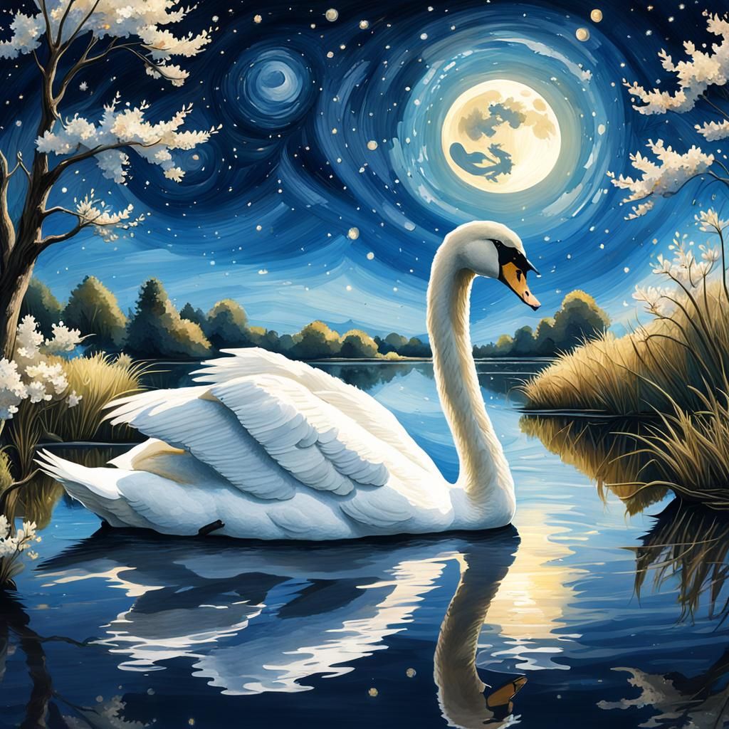 Swan in Spring Night: Impressionistic Watercolor Painting