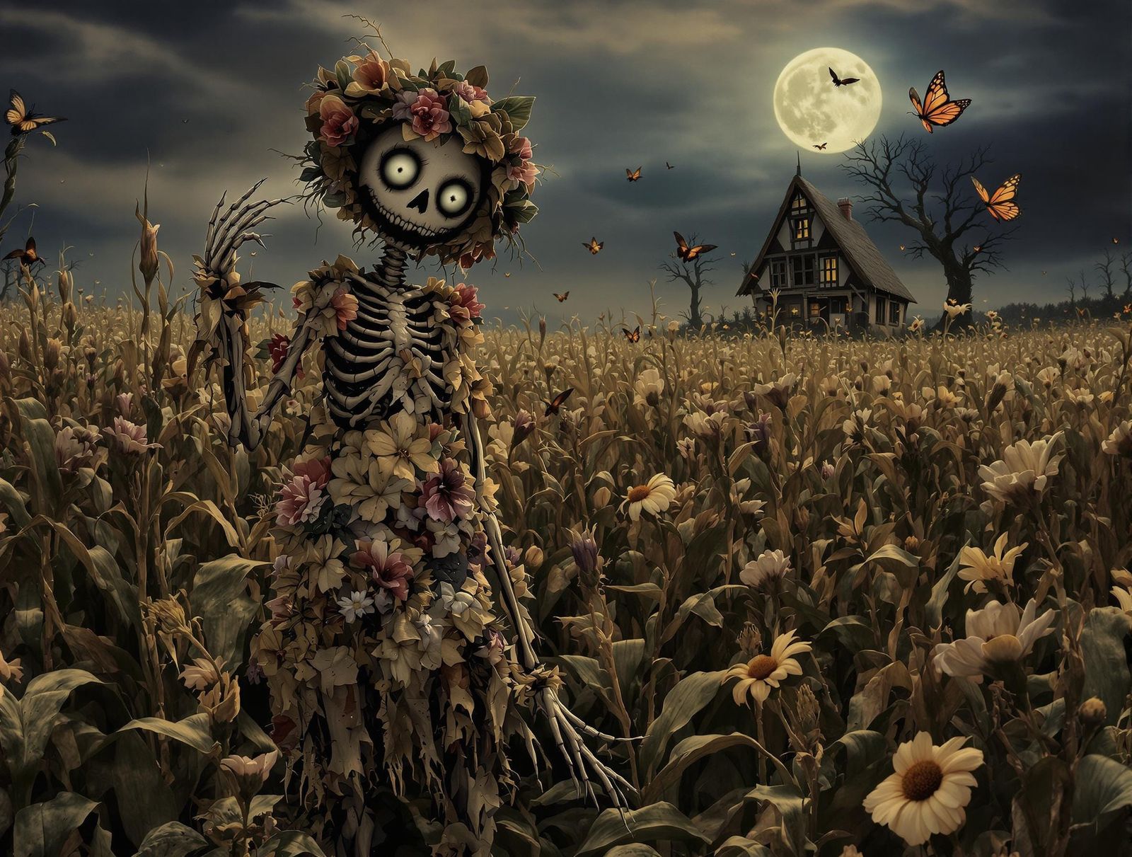 Whimsical Scarecrow in a Haunting Cornfield Landscape