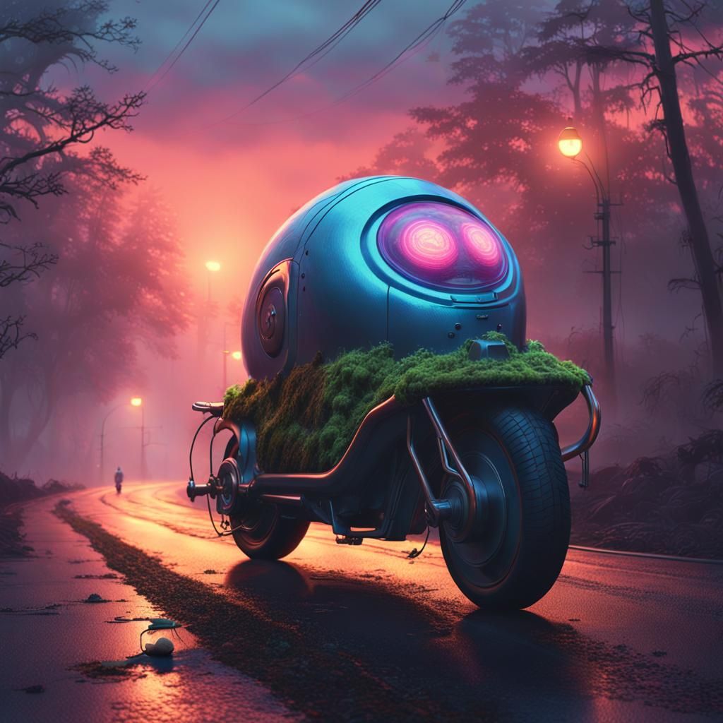 Snail Rides Electro Bike on Abandoned Road