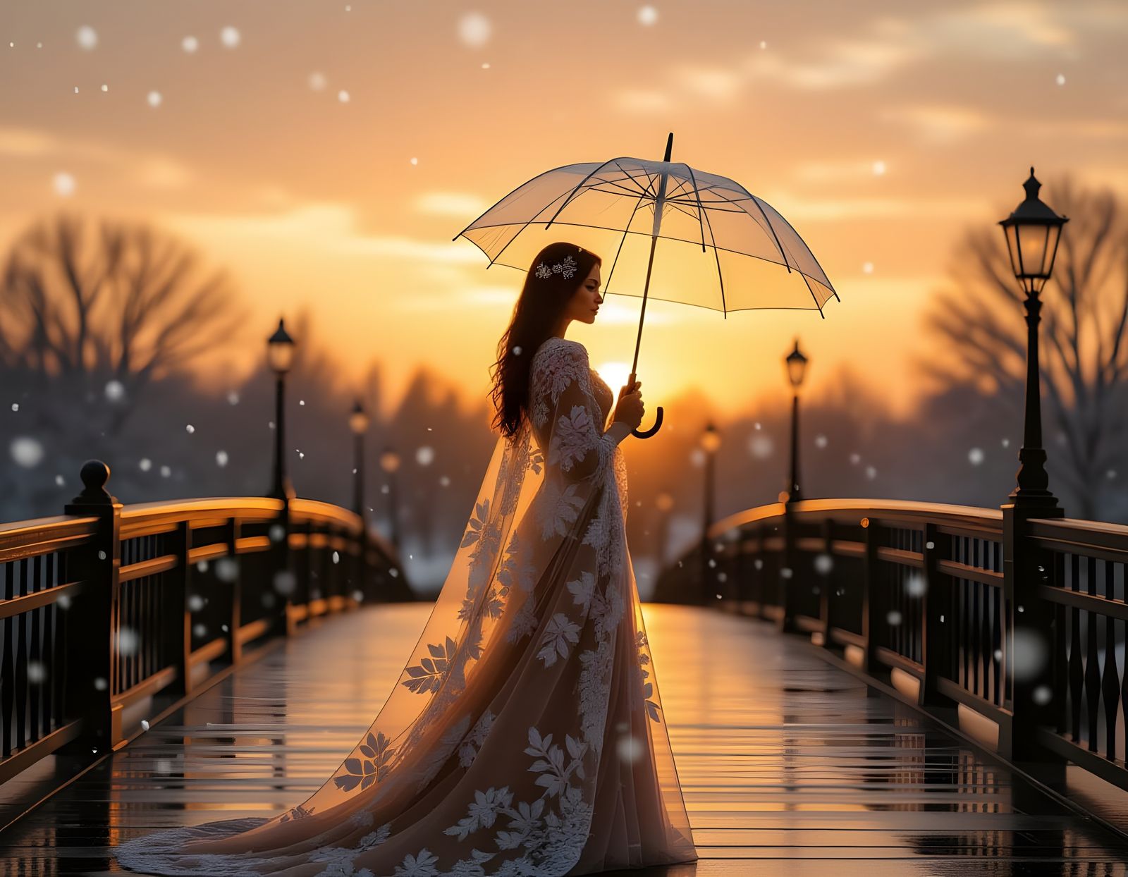 Frozen Woman in Autumn Storm, Lace Cloak, Organza Umbrella