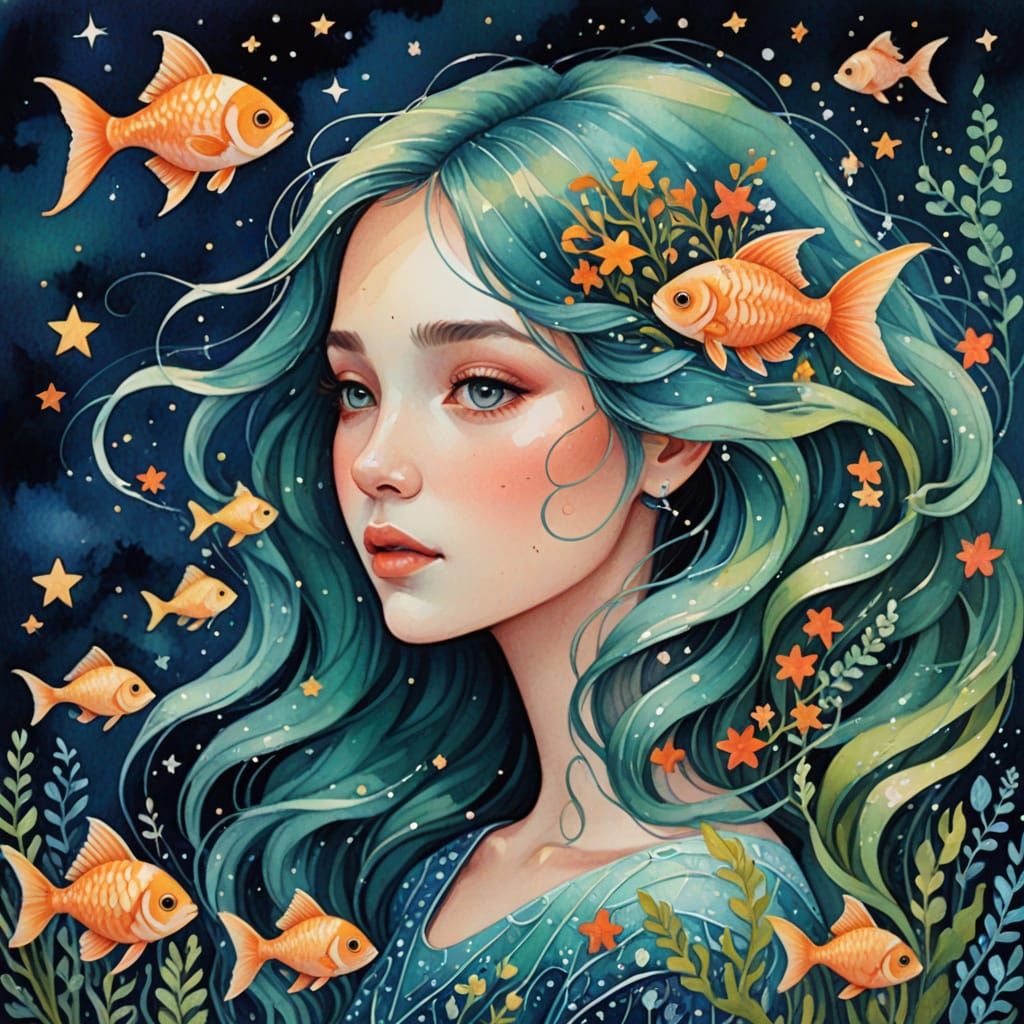 Dreamy Zodiac Maiden Swims in Whimsical Gouache Ocean