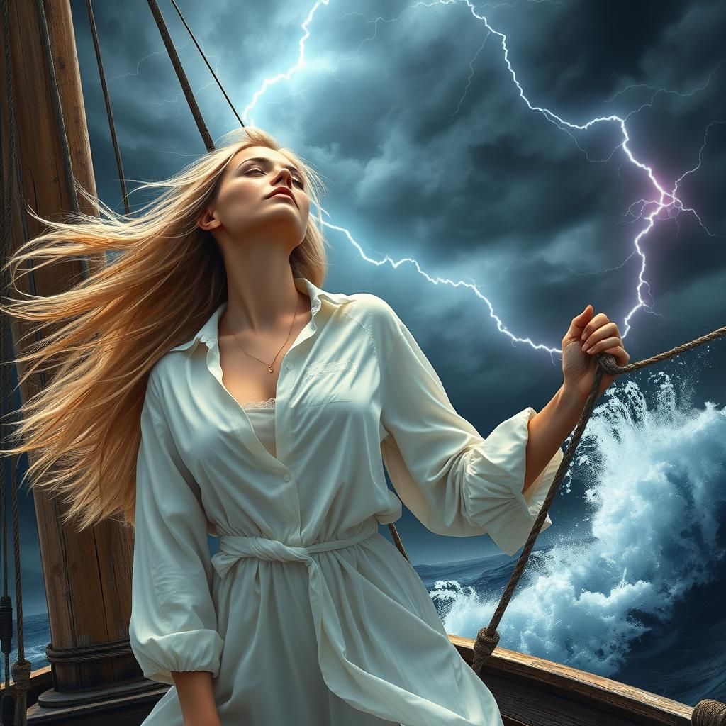 Woman in Storm on Ship, Holographic Illustration