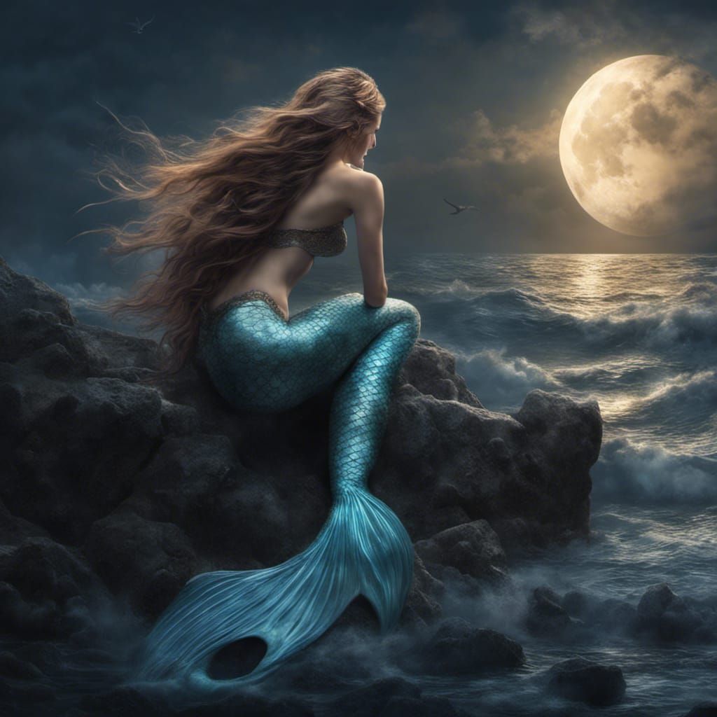 Mermaid Brushing Hair in Moonlight, Digital Painting