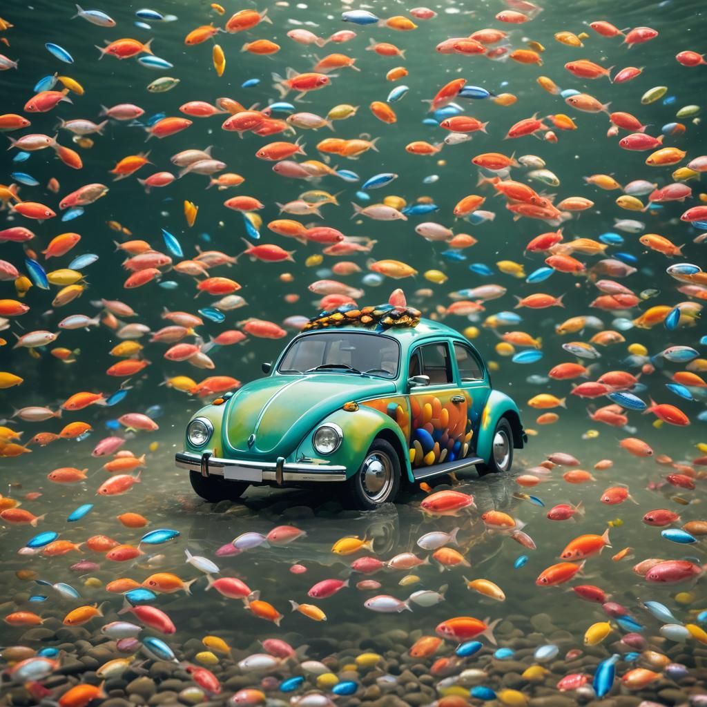 Volkswagen Beetle Filled with Colorful Swimming Fish