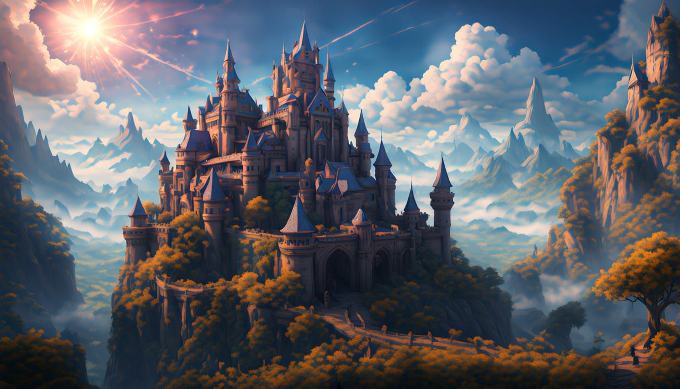 Majestic Sky Castle in Vibrant Oil Painting Style