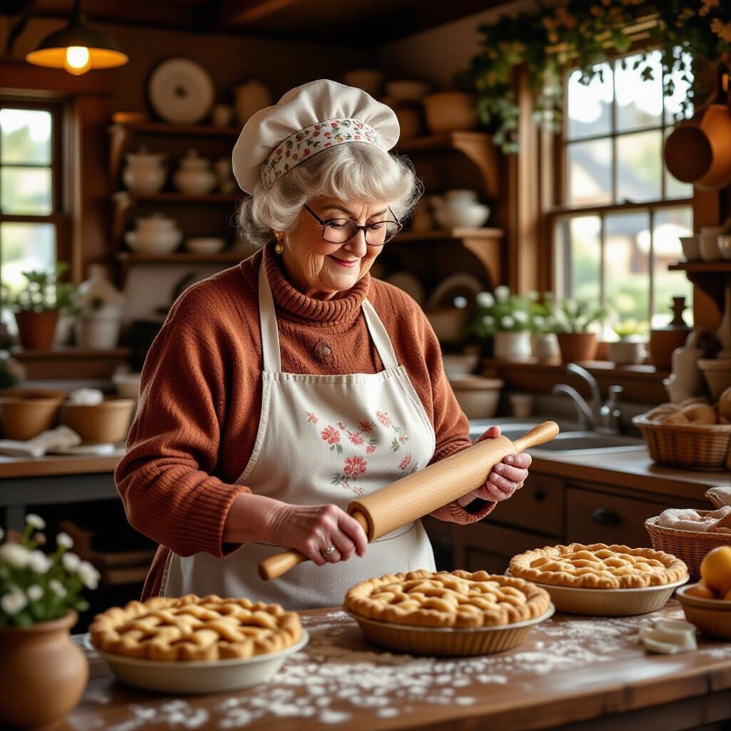 Grandma Baking Pies in Village Bakery, Folk Art Style