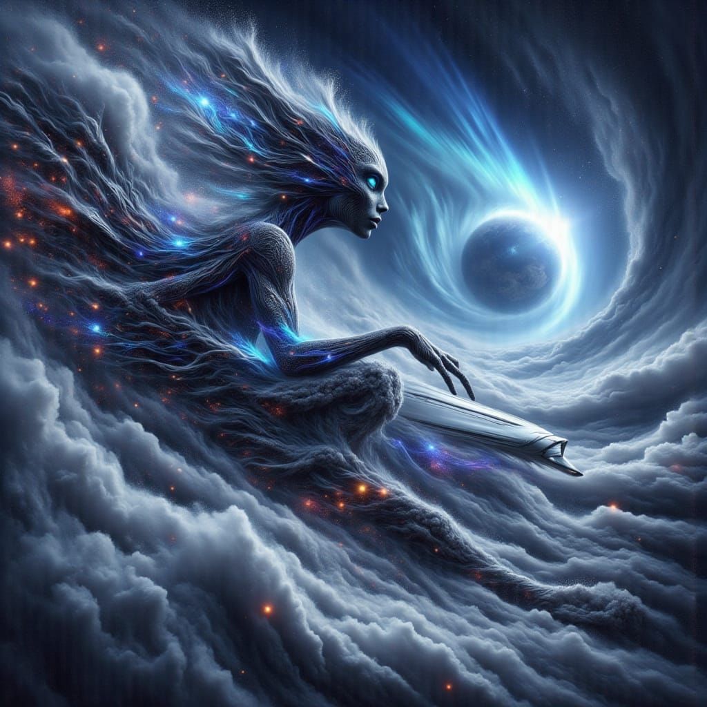 Female Alien Speeds Towards Earth in Cosmic Nebula