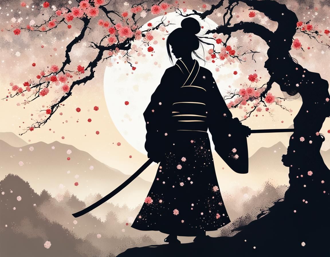 Samurai Geisha Silhouette in Starry Fantasy Style