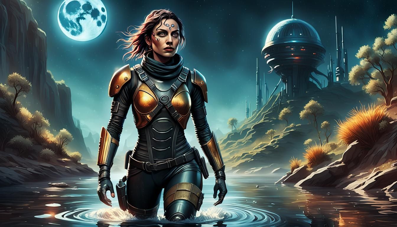 Fierce Female Bounty Hunter in Sci-Fi Latex Suit, Adventurin...