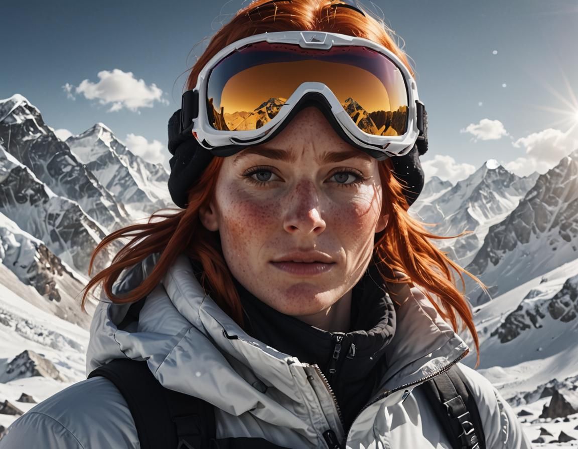 Young Woman Climbs Mount Everest: Photorealistic Detail