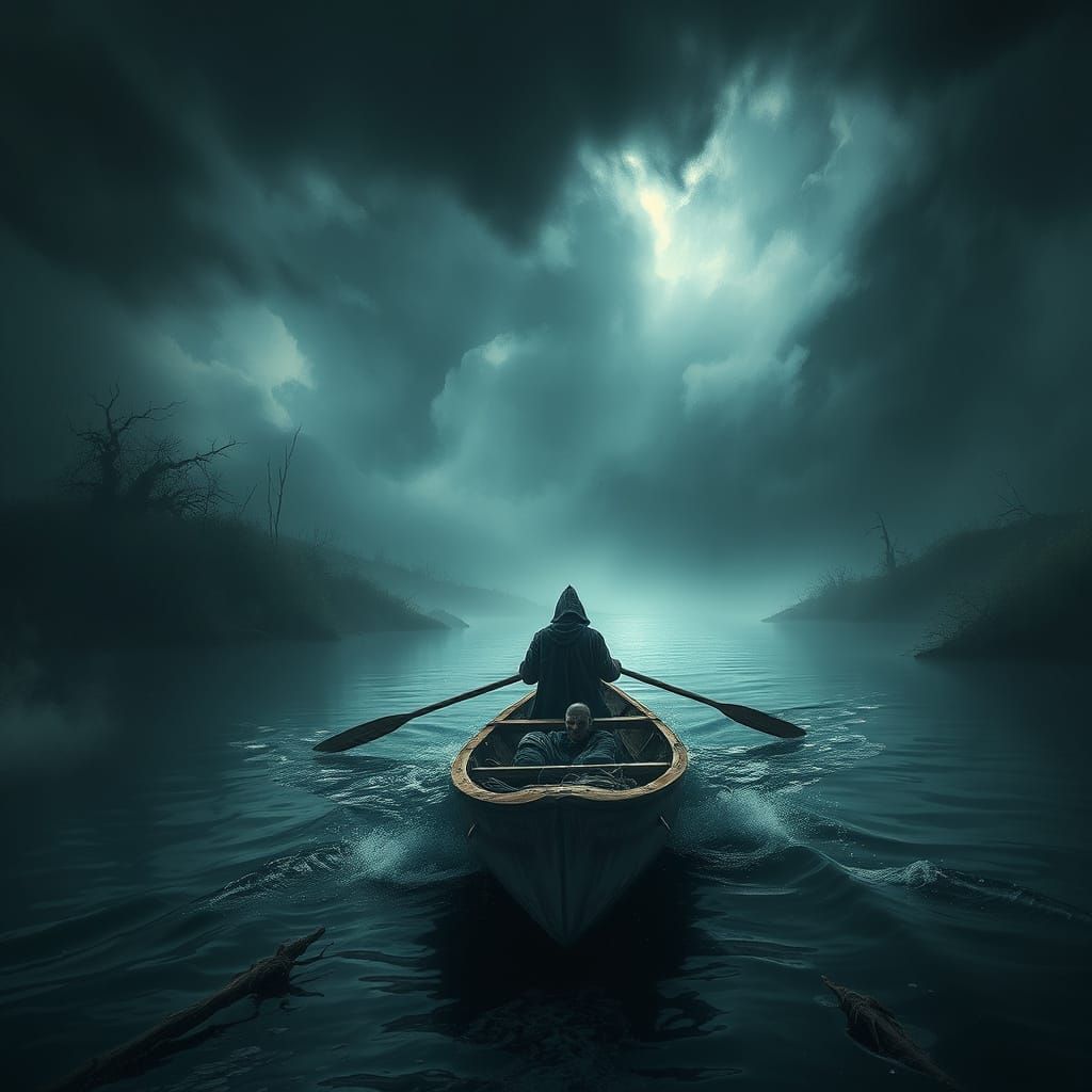 Sinister Boatman on Stormy River in Dark Fantasy Style