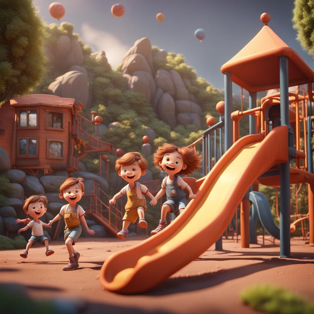 Children Playing in Playground: 3D Pixar Cartoon