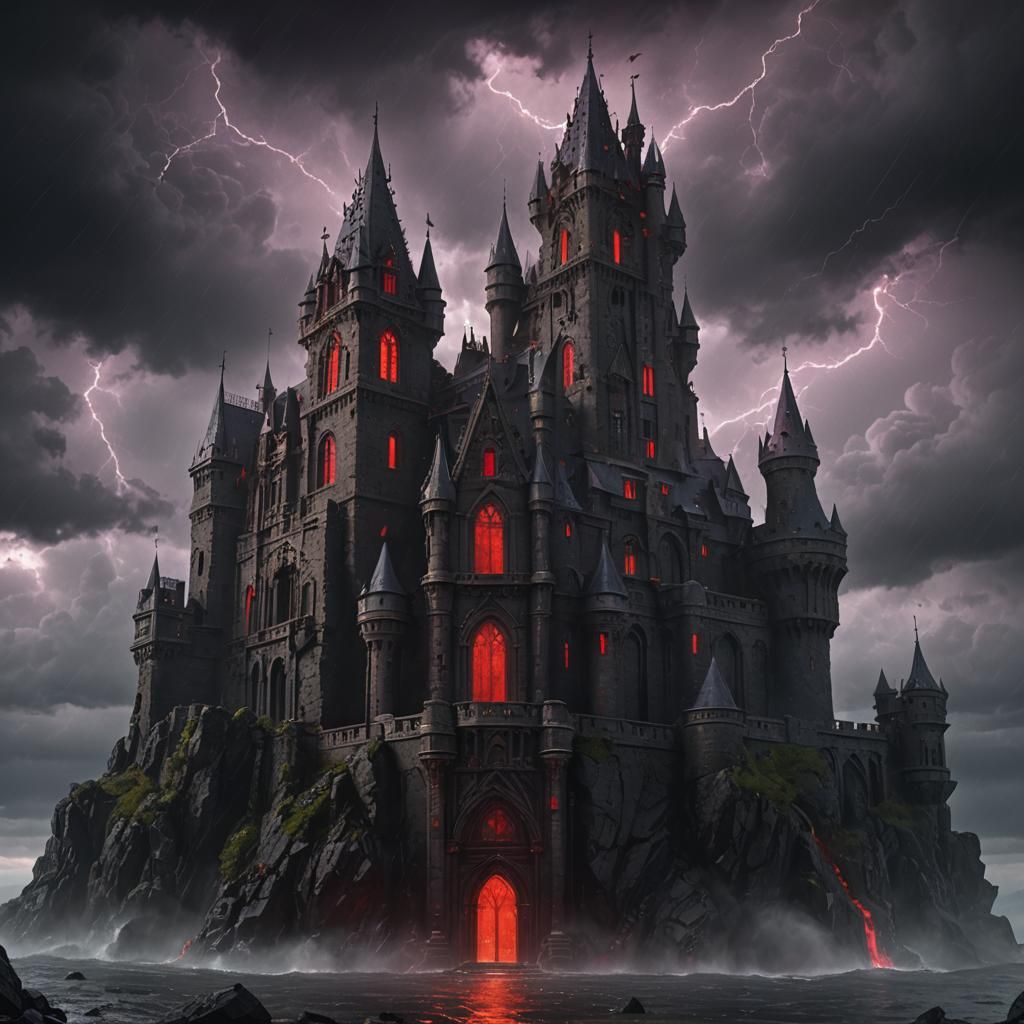 A dark castle made of black stone with glowing red windows in the middle of a dark cloudy storm