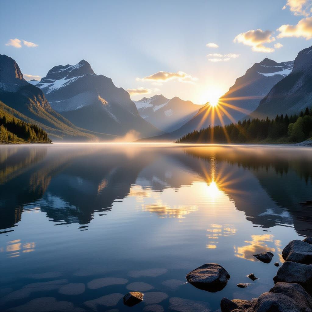 Hyper-Realistic Mountain Lake Sunrise Landscape Photography