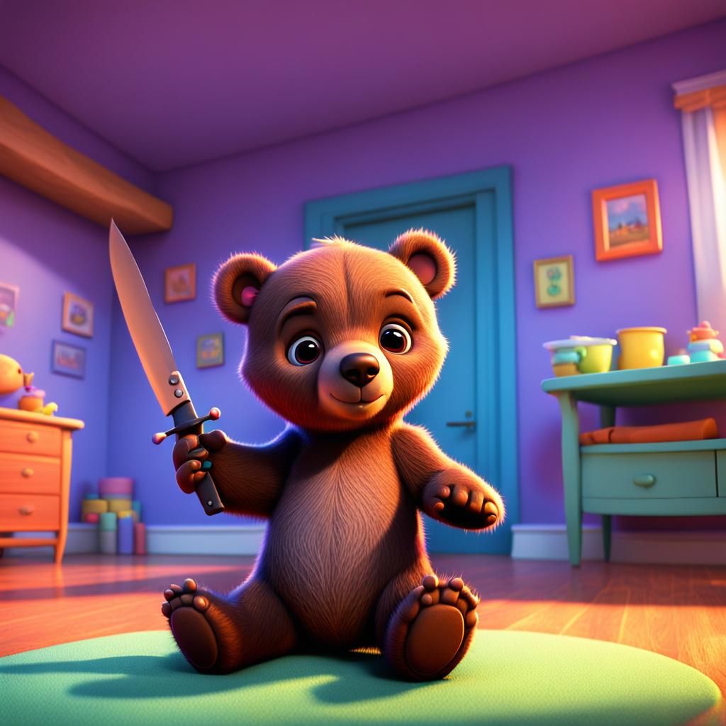 Cute Baby Bear with Knife: Pixar-Style 3D Art
