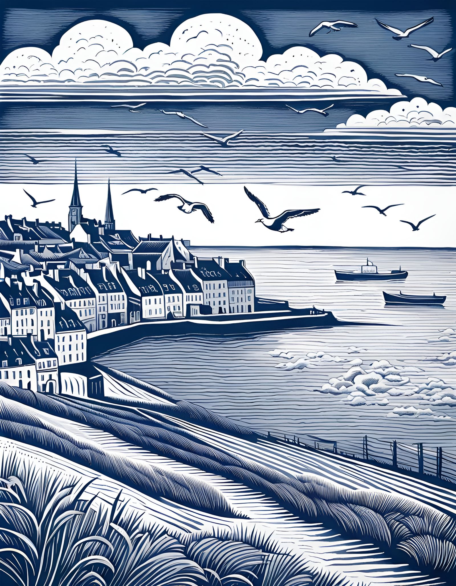 Fecamp Seaport Linocut Print in Blue and White