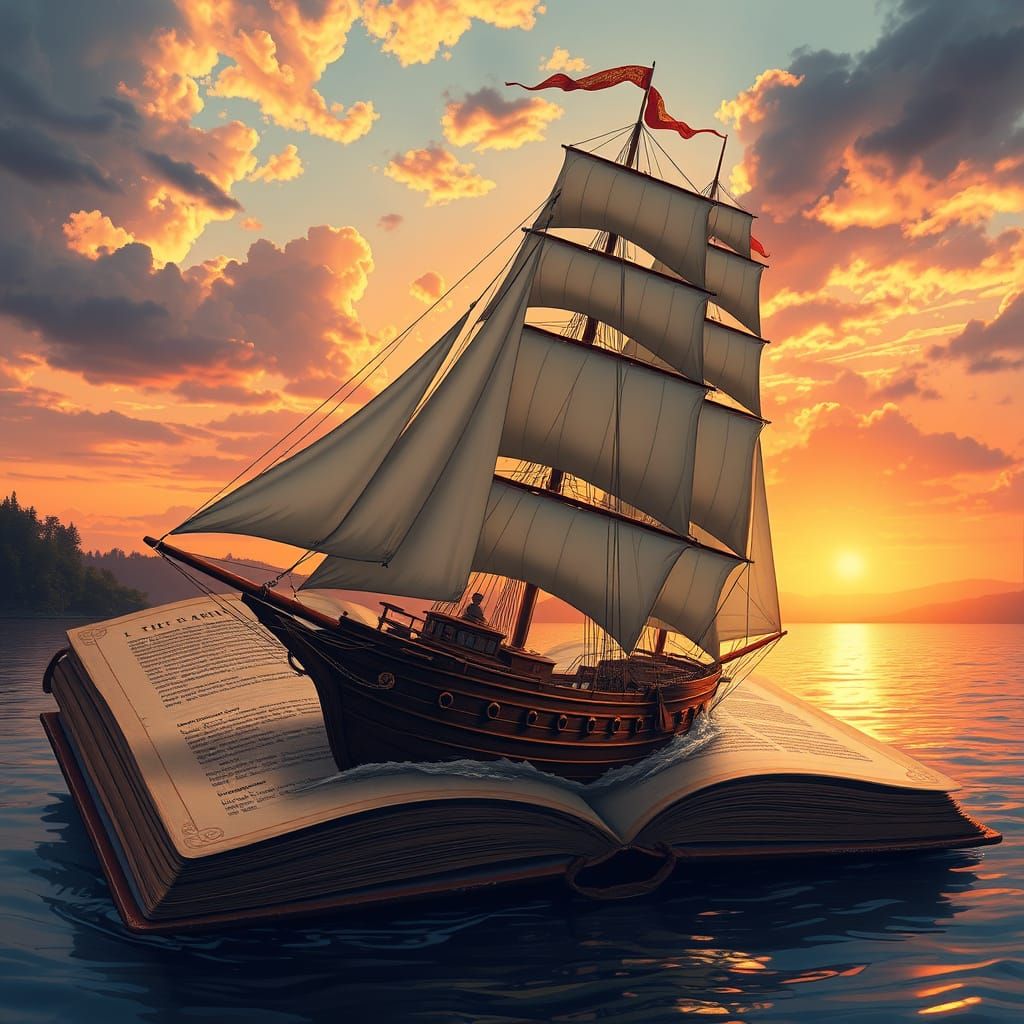 Sailing Ship Emerges from Book on River