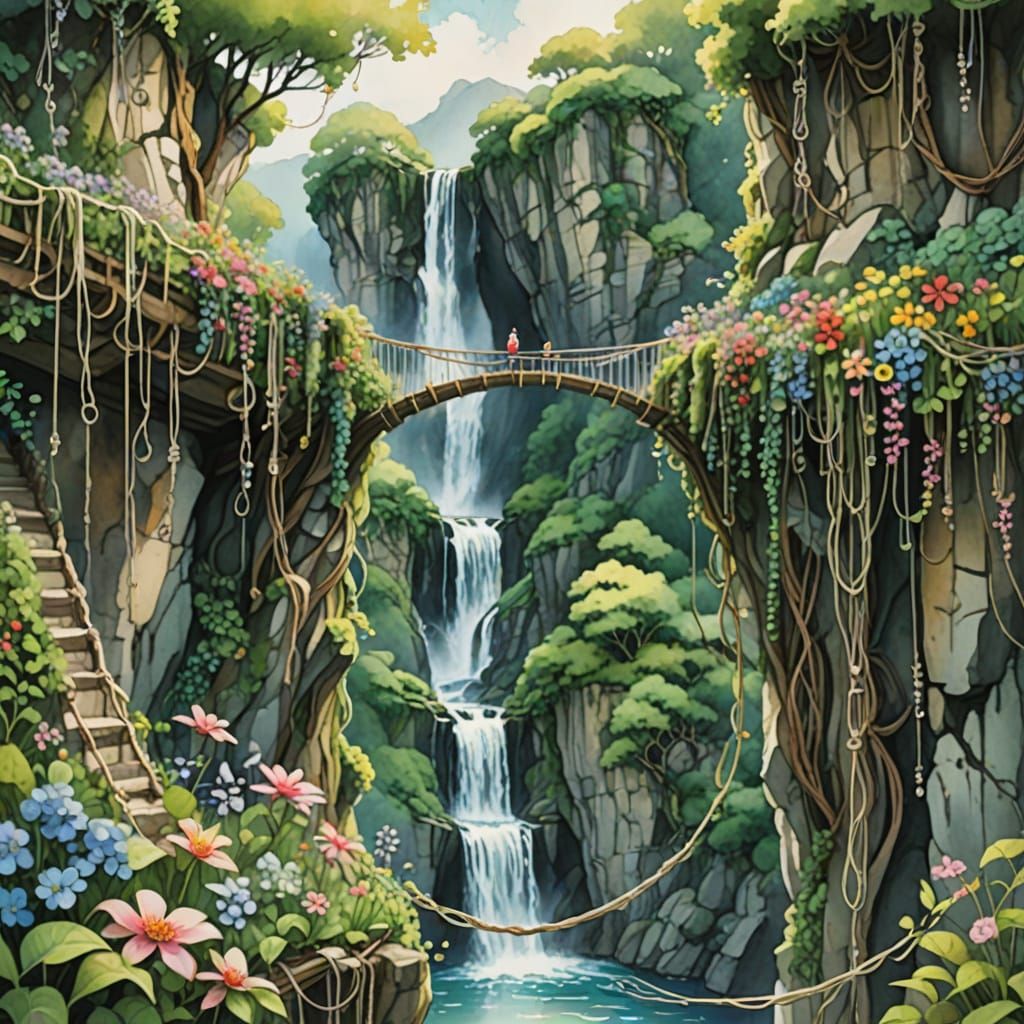 Whimsical Watercolor Bridge Connecting Cliffs Over Waterfall