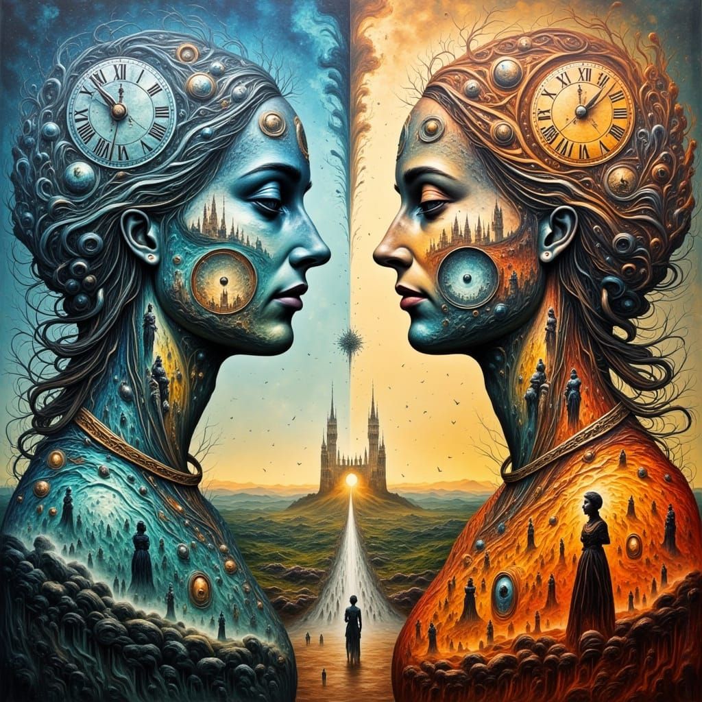 Surrealist Oil Painting of Janus with Melting Clocks