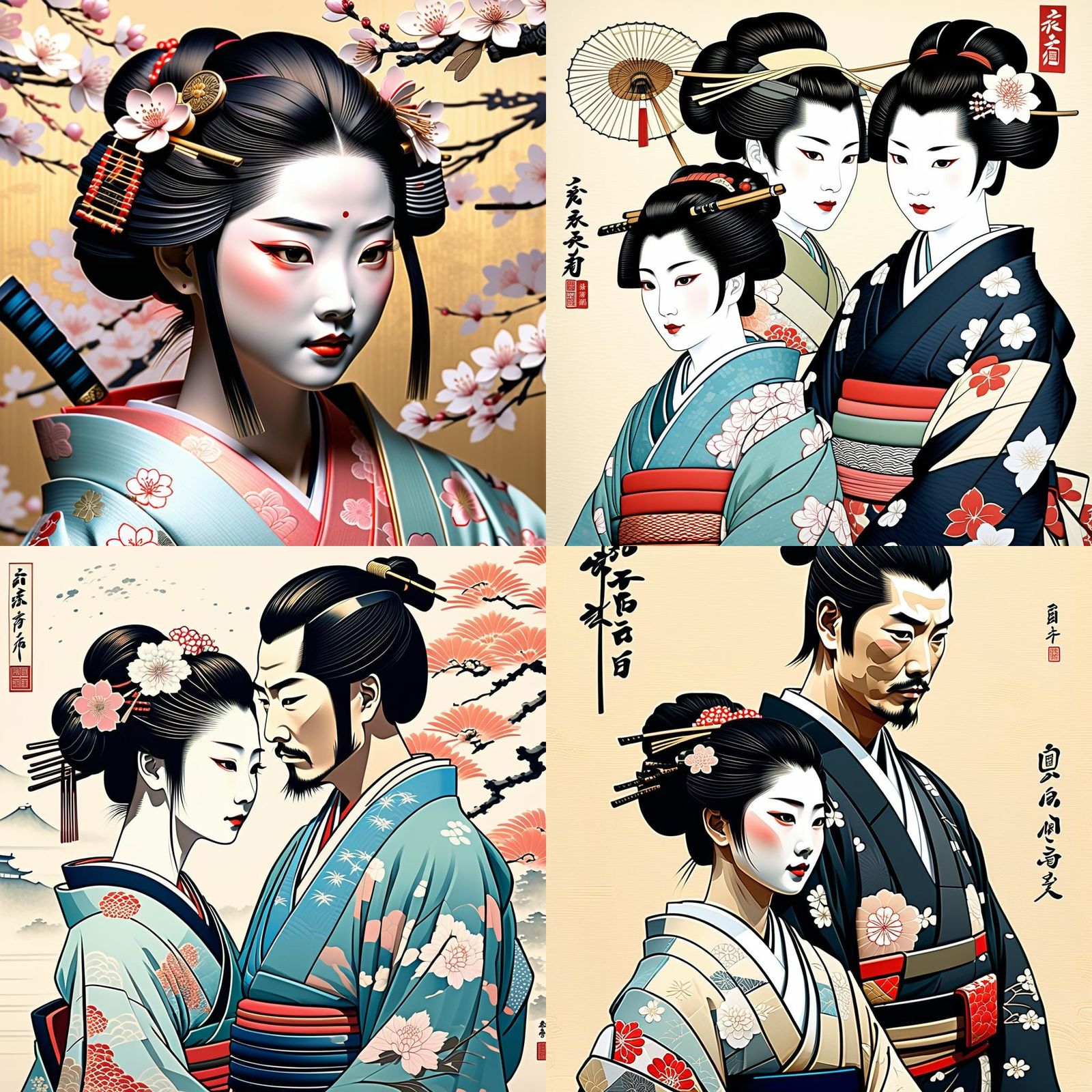 Samurai and Geisha Portrait in Ukiyo-e Style