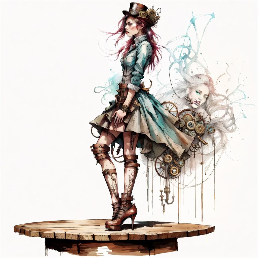 Steampunk Girl in Elegant Heels on Wooden Pedestal