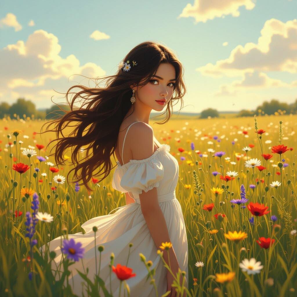 Sun-Drenched Meadow: A Ghibli-esque Portrait in Digital Art