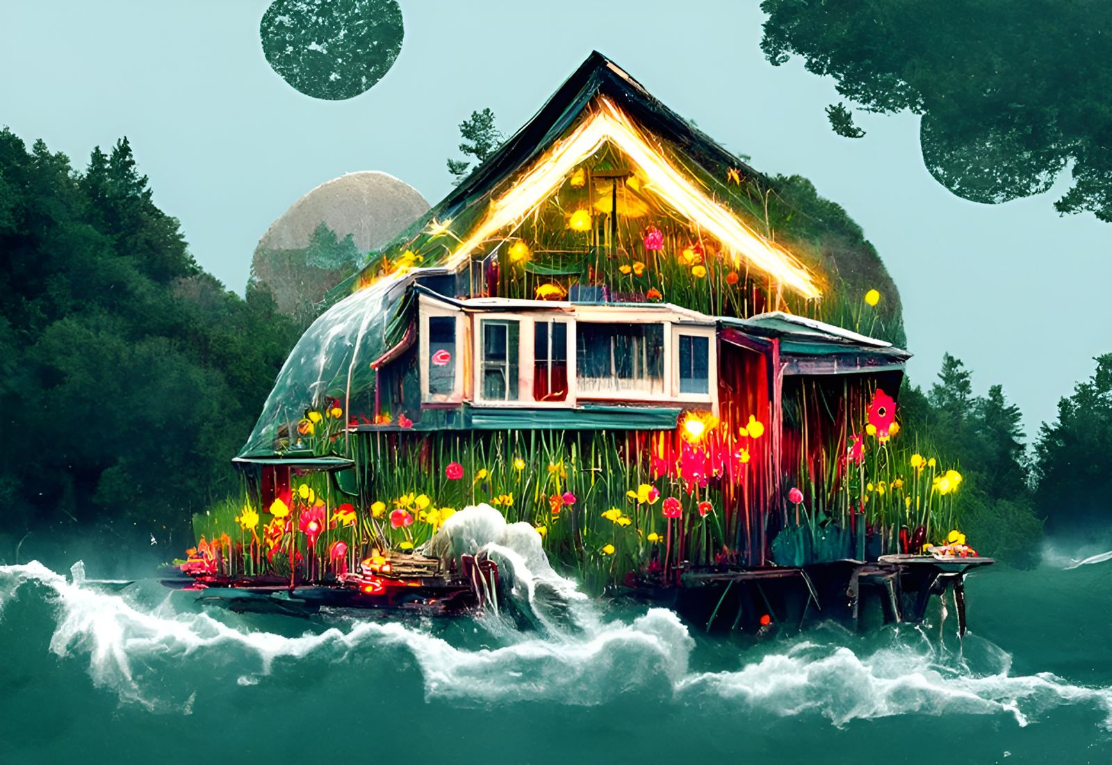 Charming Cottagecore Cabin on Island Illustration