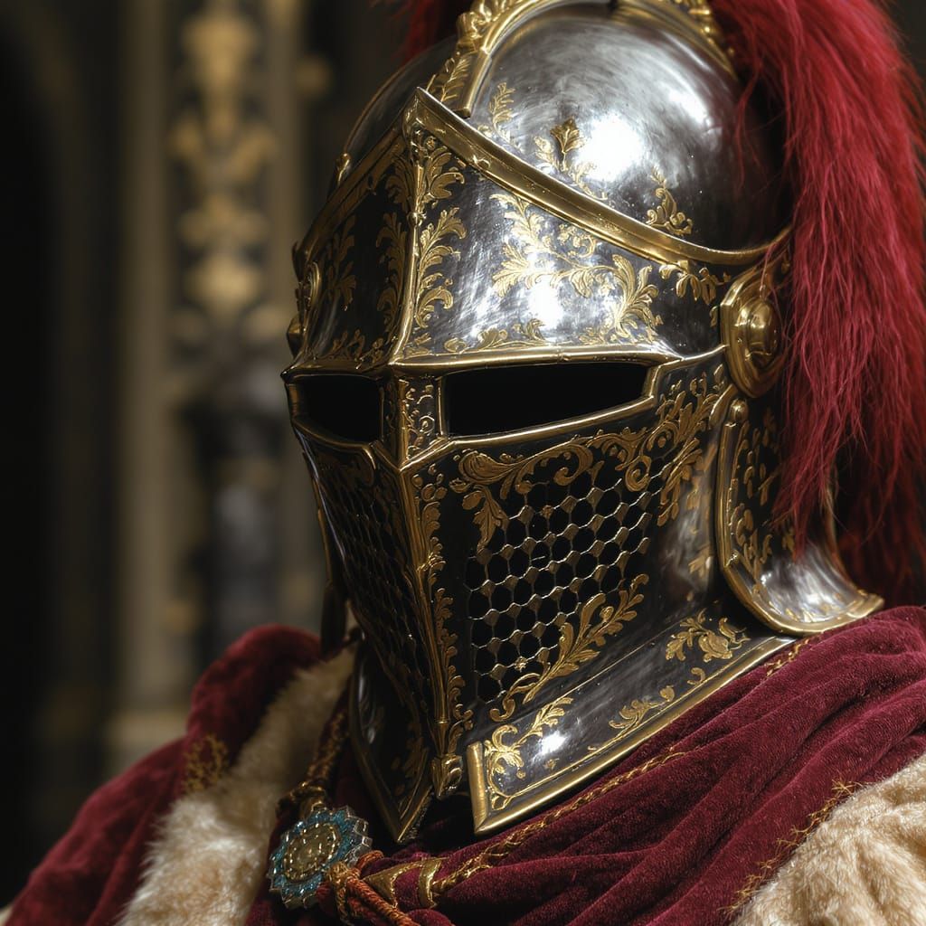 King's Gold-Inlaid Helmet: Photorealistic Close-Up