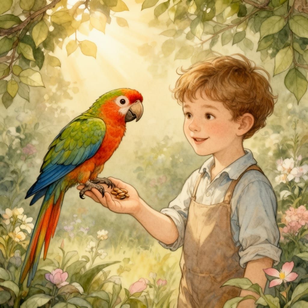 Boy Offers Seed to Vibrant Kokatil Parrot in Garden