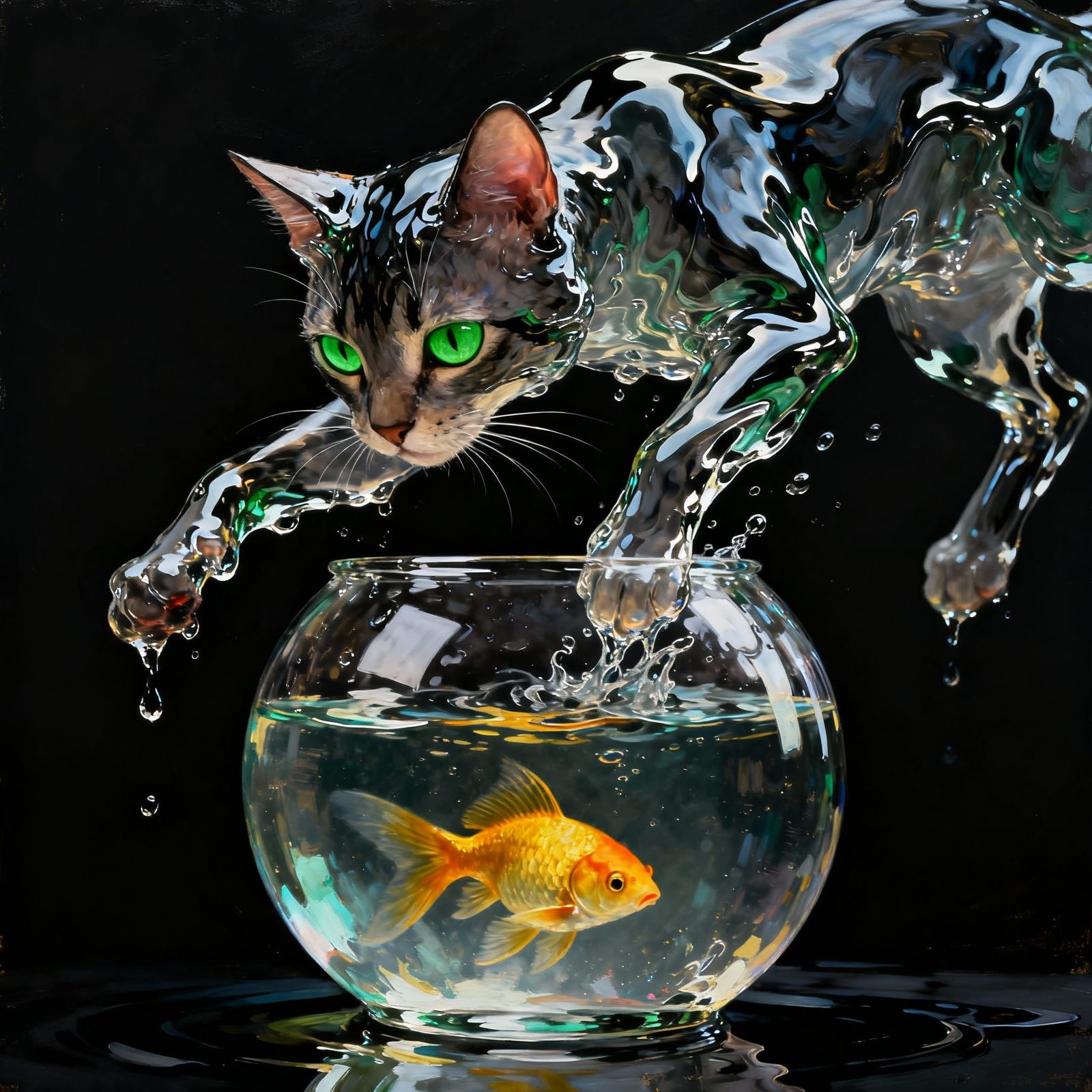Liquid Cat Dips Into Fish Bowl With Goldfish