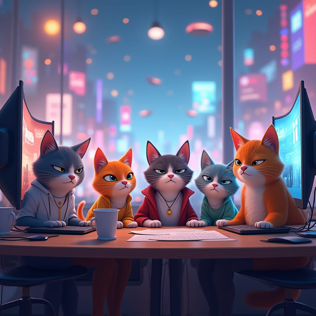 Cats Working in a Pixar-Inspired Office