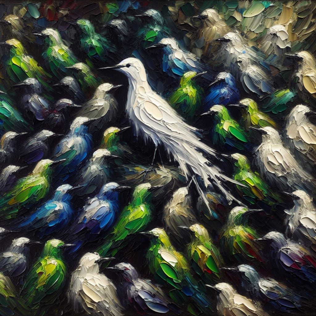 Impasto Oil Painting of a Lone White Bird Among Vibrant Floc...