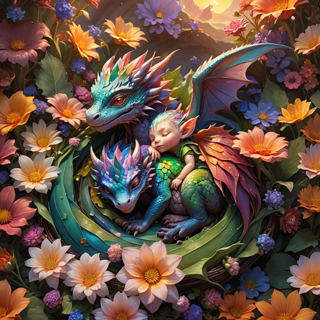 Dragon and Elf in Giant Flower, Fantasy Art