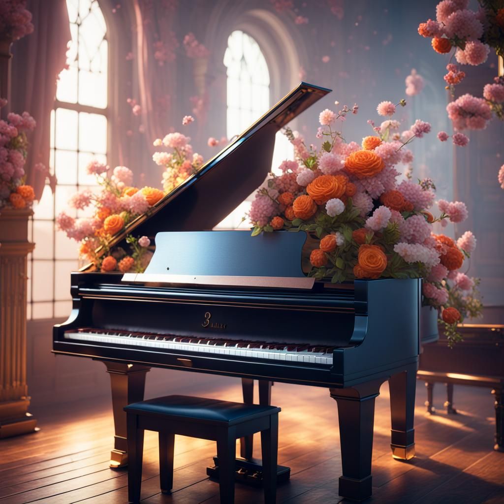 Piano with Flowers in 3D Game Cinematic Style