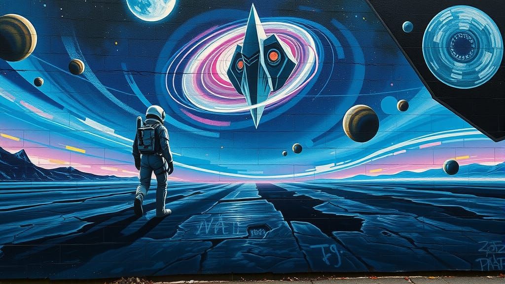 Astronaut on Alien Planet in Cyberpunk City Graffiti