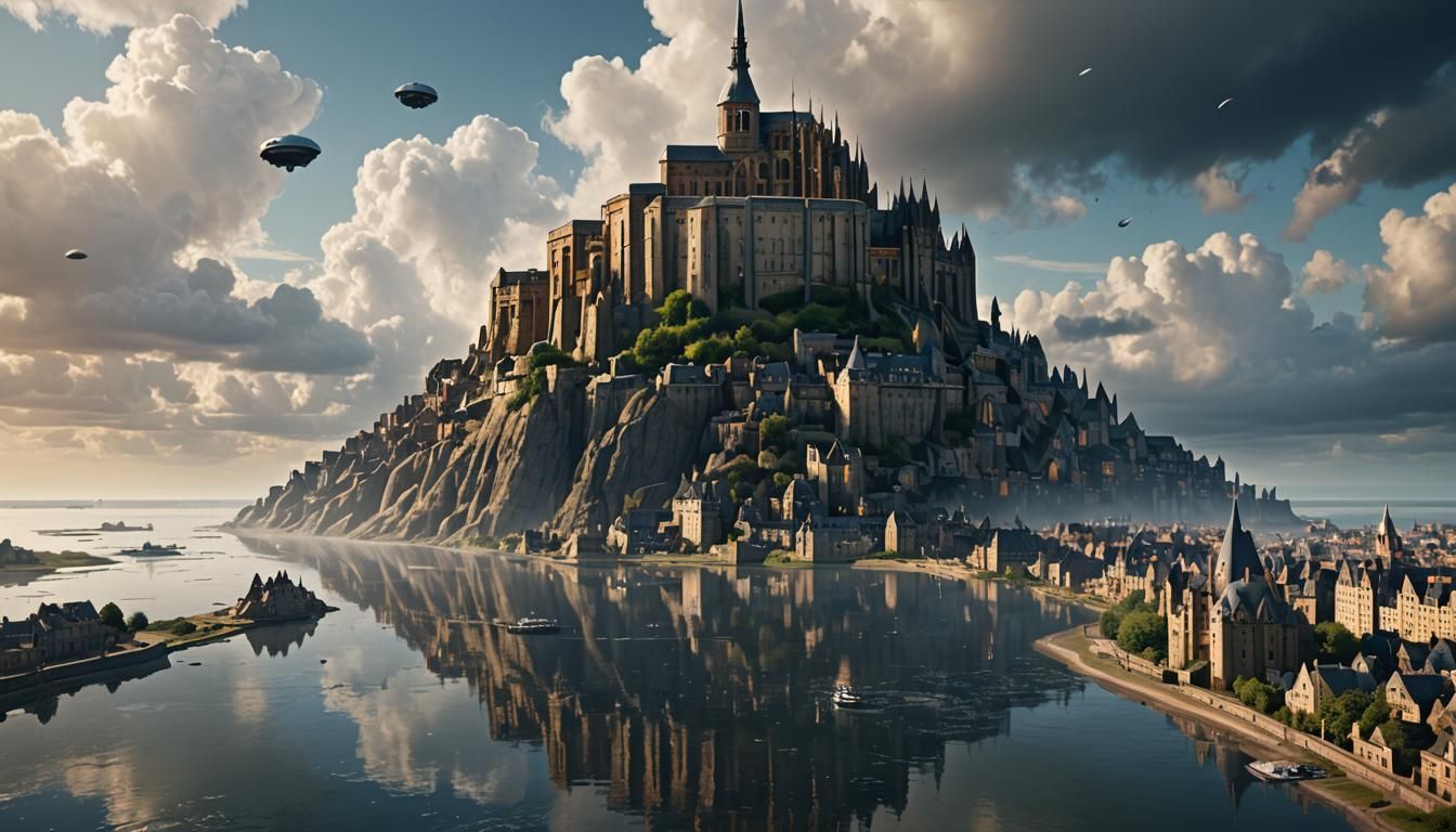 Futuristic Mont Saint Michel with Space Vessels