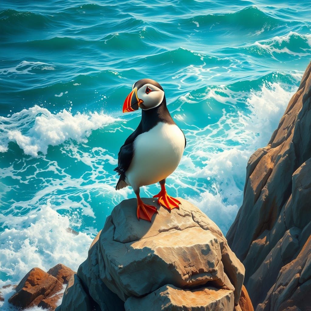 Realistic Wildlife Portrait of a Puffin Perched on Rocky Coa...