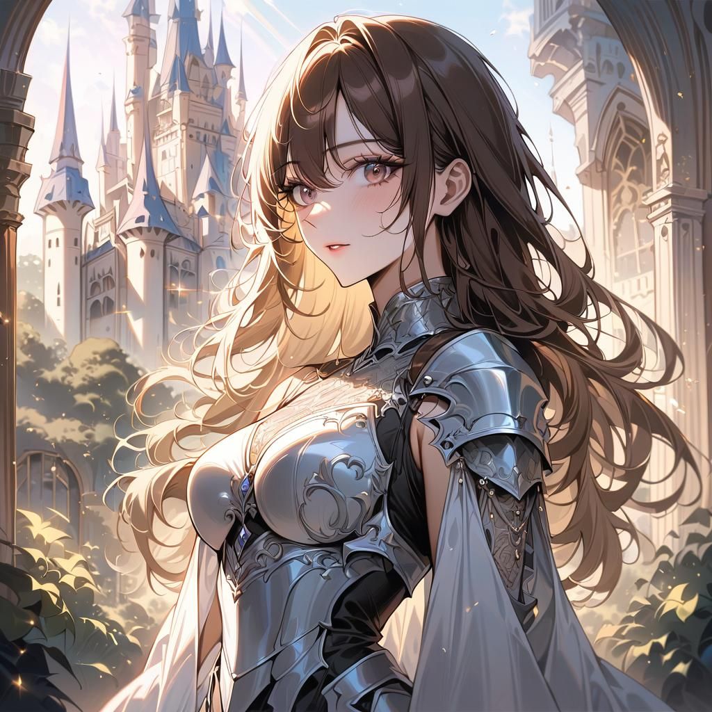 Aesthetic Woman in Armor with Fantasy Castle